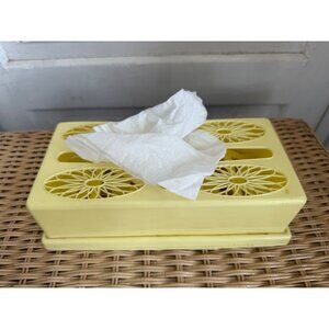 Vintage 70's Rubber Plastic Yellow Tissue Box Holder Floral Retro